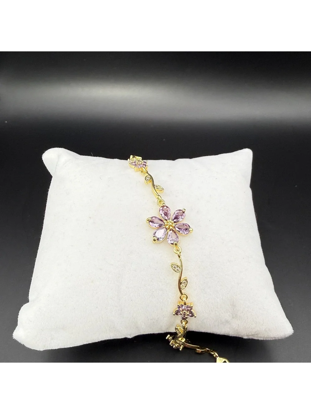candy+clover lilac amethyst sakura vine crystal station gold tone bracelet